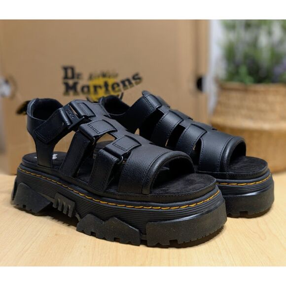 Dr. Martens Black Mattison 3 Strap Athena Leather Platform Sandals UK 7 NIB - Picture 1 of 14